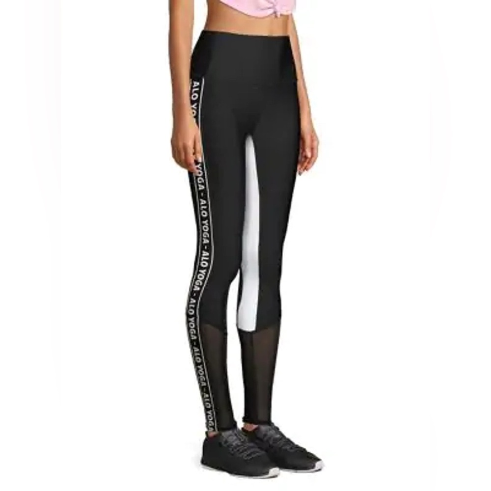 Alo Yoga Mesh High Waist Trainer Black White Logo Stripe Leggings | XS - Picture 2 of 10